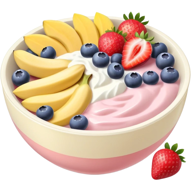Pastel colore bowl with cut strawberries, cut bananas, cut mangos and blueberries with light pink yogurt  emoji