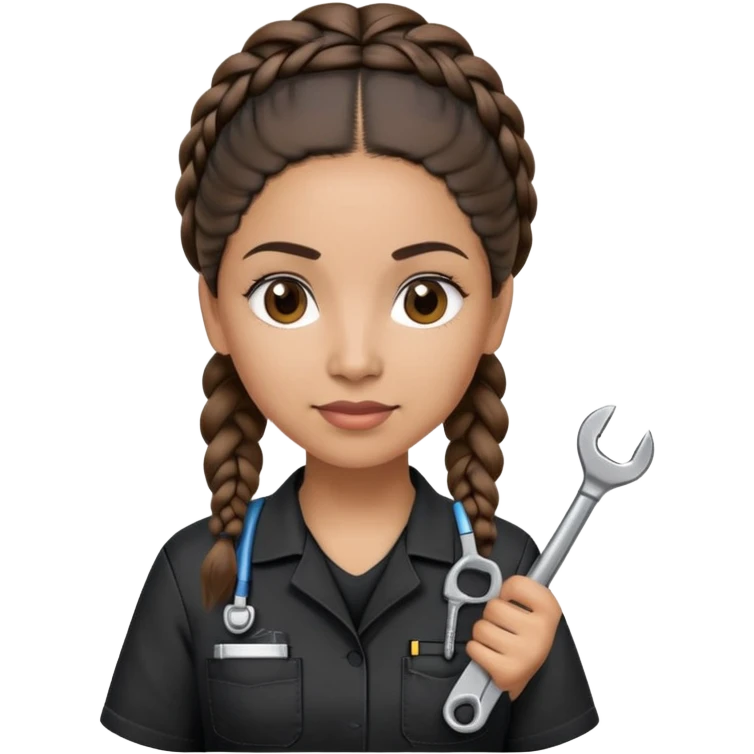 A 40-year-old Latina woman with light brown skin, working as a car mechanic, wearing all black mechanic scrubs, with two braids pulled back from her head emoji