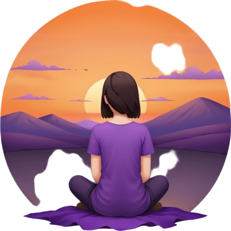 Small emoji-style illustration of a person sitting alone on the ground, seen from the back, watching the sunset. Minimal details, soft orange and purple sky, simple silhouette, calm and slightly sad mood, clean background.” emoji