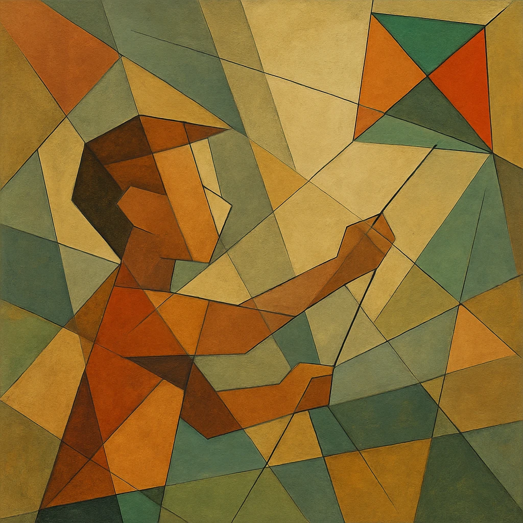 Child flying a kite, arm and string abstracted in linear tension.
 emoji