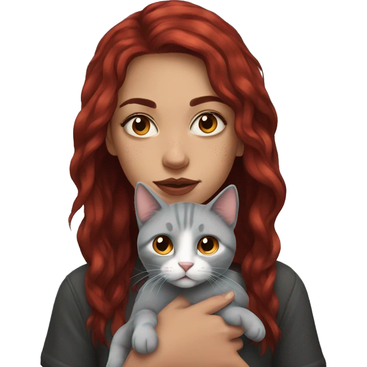 Girl with dark red hair and septum piercing holding grey cat emoji