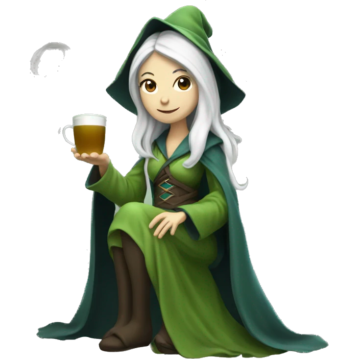 a female wizard with a white beard drinking matcha tea. Her full body is shown emoji