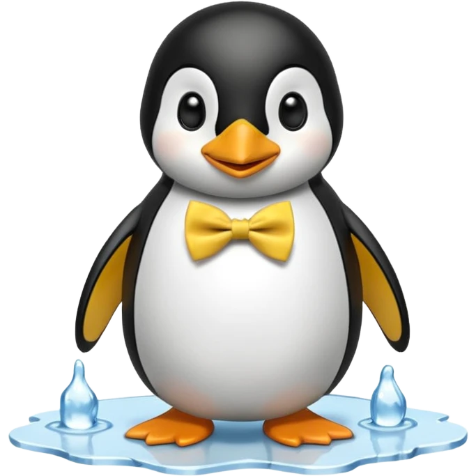 penguin, yellow bow tie, standing on small ice melting block emoji