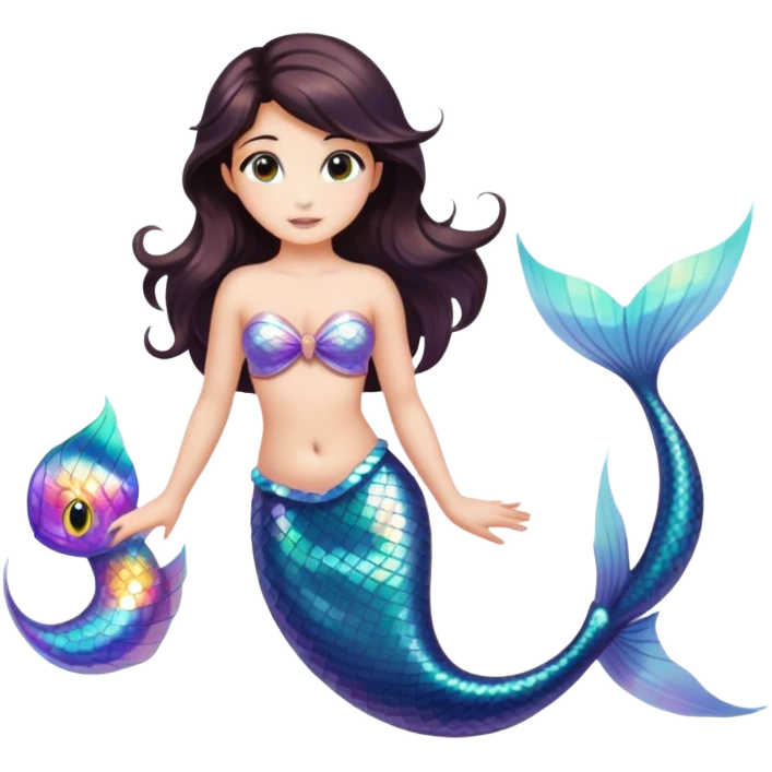 Mermaid with dark brown hair, hazel eyes and holographic tail emoji