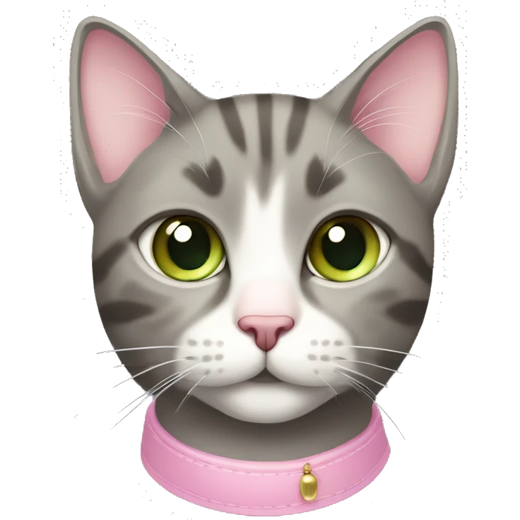 grey and tan cat with cream pattern on her forehead. Pink collar with pink bell.  Green eyes and a pink nose emoji