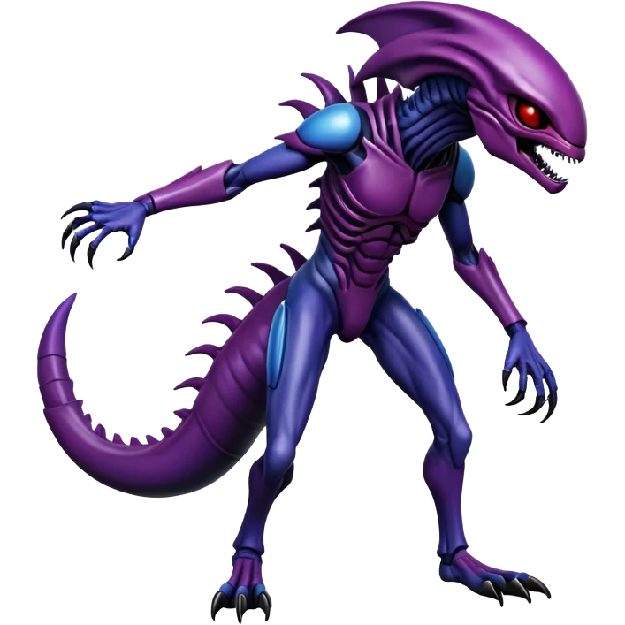 Fox xenomorph hybrid front facing full body dark purple and blue and red emoji