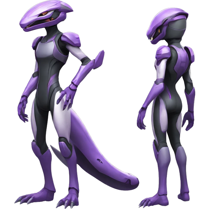 a Reptile-Raptor-Genesect-Mewtwo-Fakémon with a futuristic visor-helmet and wearing a techwear-suit Full Body emoji