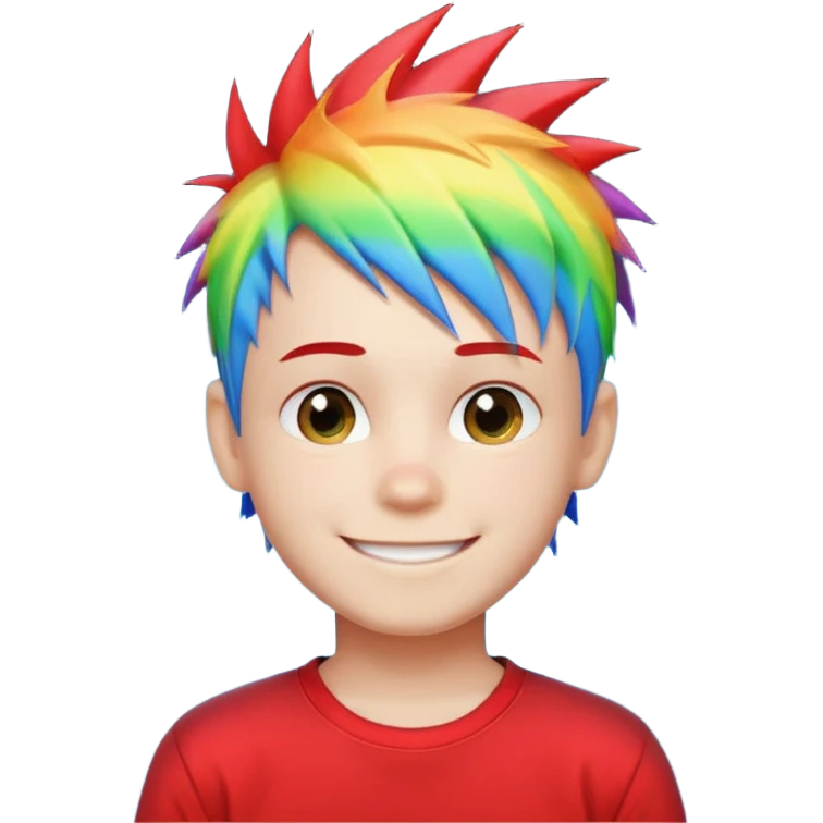 Boy with rainbow streaks — short spiky hair glowing under light, red T-shirt emoji