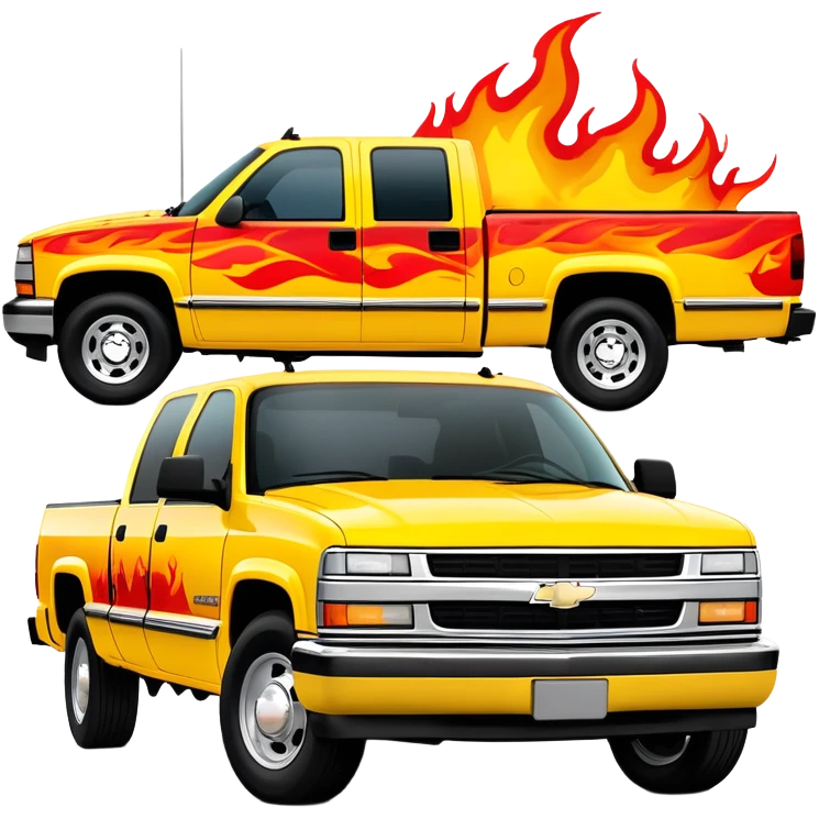 Yellow 1997 Chevrolet C-2500 Crew Cab with vibrant airbrushed red flame artwork flowing dramatically across hood and front, highly detailed fire pattern, Kill Bill movie vehicle, 30-degree view, iOS emoji style emoji