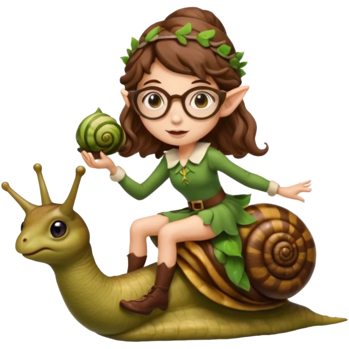 tiny forest elf woman brown wavy hair glasses riding a snail emoji