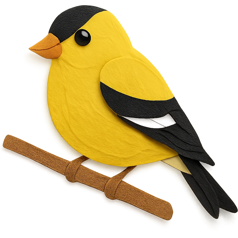 close-up of an American Goldfinch perched on a tree branch, fine paper edges, expressive eye, yellow and black plumage emoji