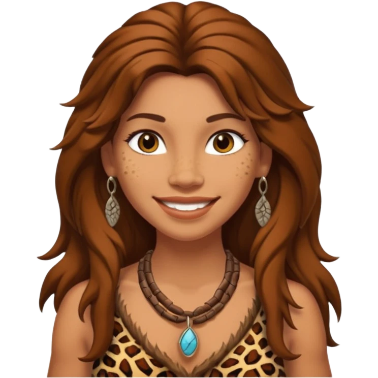 smiling cavewoman with long hair and animal skin clothing emoji
