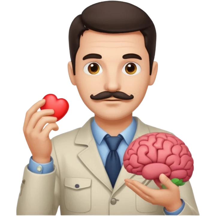 attractive man with dark hair and down turned mustache holding a brain as an emoji emoji