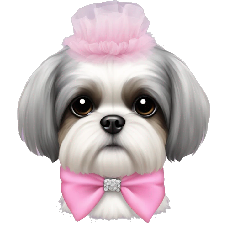  white grey and black shihtzu wearing pink tutu emoji