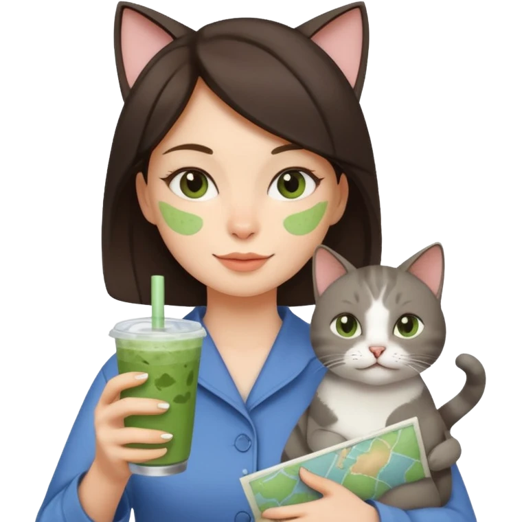 a brunette woman in here 30S drinking an iced matcha, carrying a grey cat and a map of the world emoji