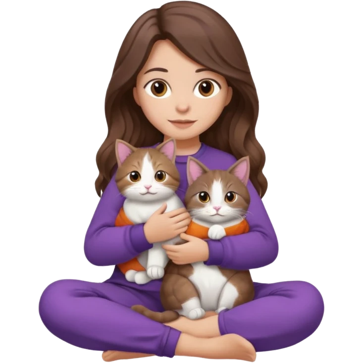a girl with long wavy brown hair and soft brown eyes, in cozy purple clothes, sitting cross-legged, holding a tricolor cat (brown, white, and grey) in her lap, iOS emoji style, soft lighting emoji
