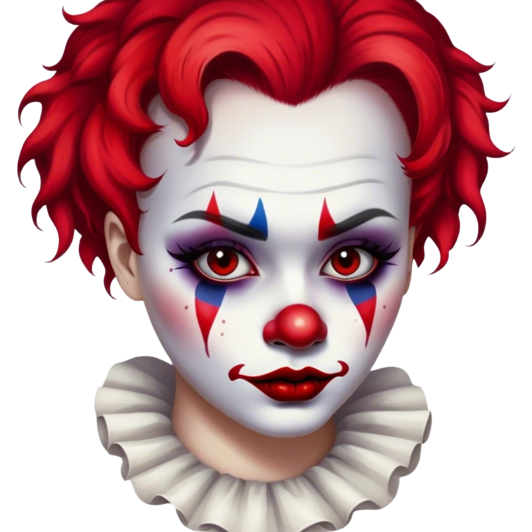clown-inspired makeup. The makeup consists of a white-painted face with black smudged eye makeup that extends outward, creating a haunting, exaggerated look. Their lips are painted deep red, smeared outward in an unsettling, almost sinister manner, resembling the Joker-inspired style of makeup. emoji