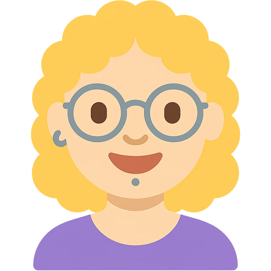 female human with light skin, blond curly hair, glasses, nose piercing, lip piercing, smiling expression emoji