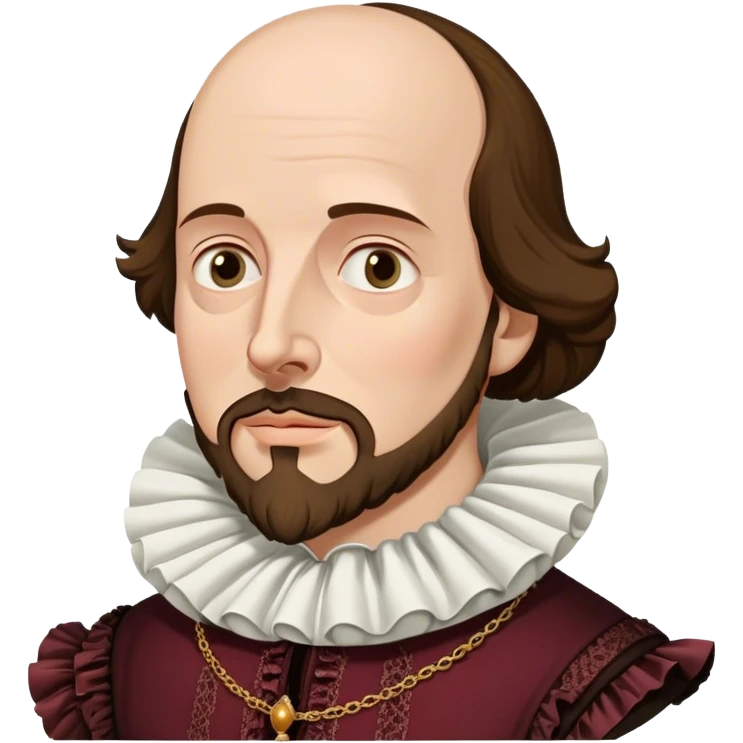 Cinematic Realistic portrait of William Shakespeare, depicted as an iconic playwright in richly detailed Elizabethan attire with a ruffled collar, expressive eyes, and a thoughtful gaze, bathed in dramatic historical lighting that evokes the Bard’s timeless legacy emoji