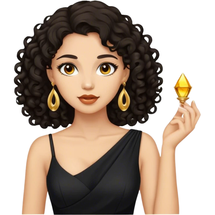Beautiful woman,cute, light skin, half long curly dark hair in dark dress with gold earrings emoji