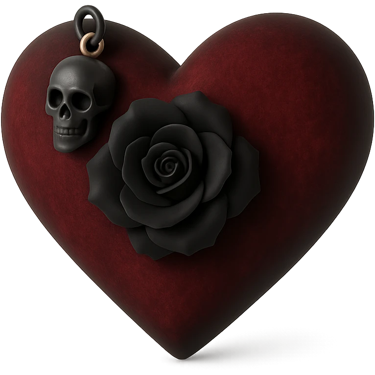 gothic heart in 3D black style, dark crimson velvet texture, silver skull charm, black rose center, lush and gothic emoji