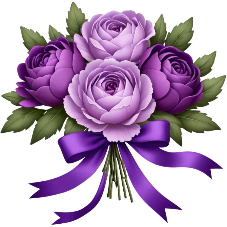 A vintage bouquet of lavender-hued peonies, deep violet roses, and soft lilac pansies, tied together with a silk ribbon in shades of plum and amethyst, rests beneath the glow of a crescent moon. Scattered around are tiny embroidered hearts on a delicate lace handkerchief, while the scent of dried lavender lingers in the cool evening air. emoji