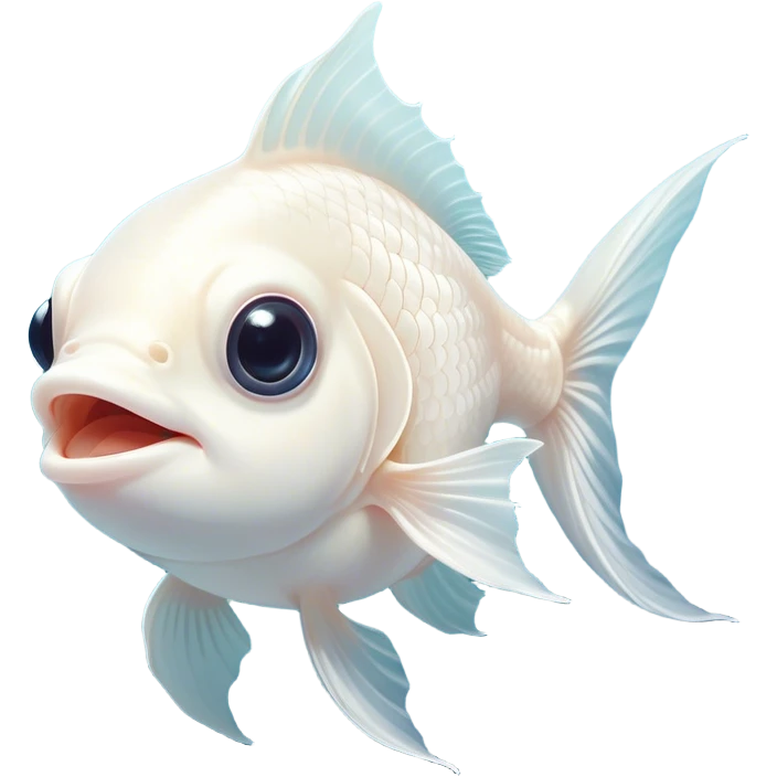 Cinematic Comical White Goldfish Portrait Emoji, Head tilted dramatically with an exaggeratedly amused expression, featuring a striking, glossy pure white body with elegantly fluttering fins, wide, expressive pale eyes filled with playful disbelief, Simplified yet hilariously expressive features, highly detailed, glowing with a slightly sassy glow, high shine, dramatic yet playful, stylized with an air of cheeky mischief, bright and endearing, soft glowing outline, capturing the essence of a spirited and over-the-top goldfish, so meme-worthy it feels like it could side-eye its way into internet fame instantly! emoji