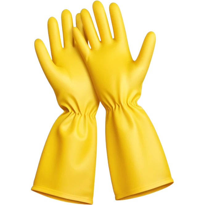pair of bright rubber gloves with long cuffs and slightly curved fingers, suggesting flexibility and grip, vibrant yellow color, soft matte finish, gentle creases indicating use, no sponge, soap, or sink, soft lighting, subtle shadows, emoji scale emoji