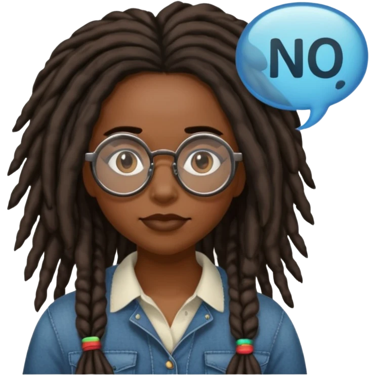darker skin female with dark dreadlock hair wearing large round glasses with a word bubble that says no emoji