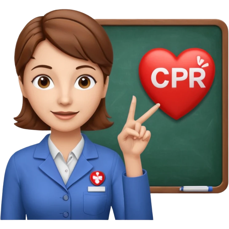 Happy Teacher, female, brown hair up, holding a pointer to a white board with a CPR logo. emoji
