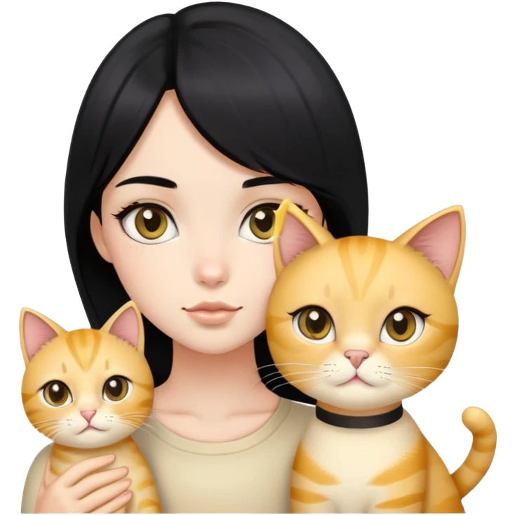 black hair girl with big black eyes with light gold cat emoji