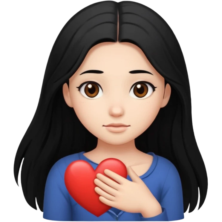 character with long black hair past elbow,  round, downturned dark brown eyes, heart shape face emoji