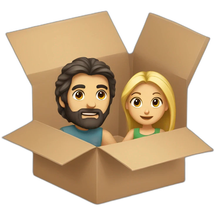 Dark hair girl and blond bearded guy in moving box emoji