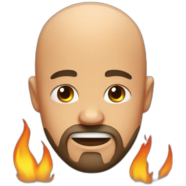 Bald man with beard who is crying next to fire emoji