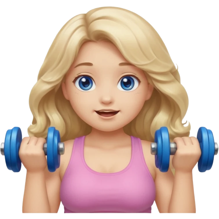 Kawaii emoji girl with big  blue glossy eyes, long wavy dirty blonde hair, happy expression, holding a dumbell, chubby cheeks, soft pastel colors, cozy and sweet aesthetic, clean background. emoji