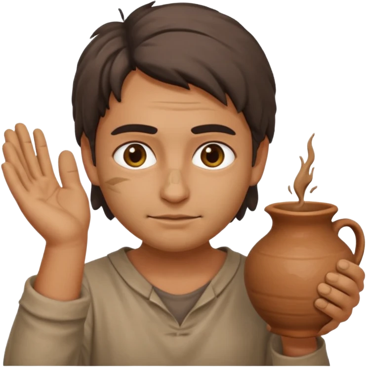 Emoji portrait of a Greek potter. Simple clothes, hands and face smudged with clay, focused expression. emoji