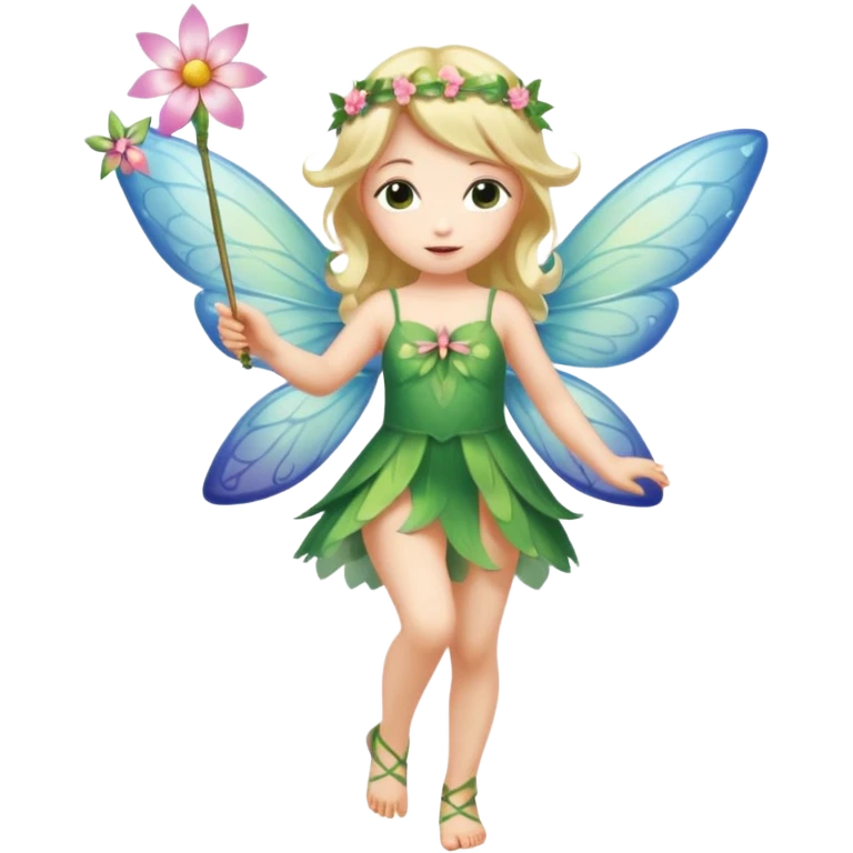 A flower fairy girl, with wings all over her body, one leg straight and the other bent, one hand raised holding a magic wand, the other hand lowered. emoji