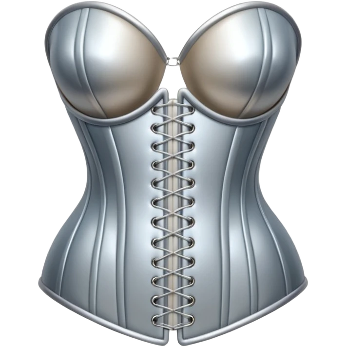 A luxury corset emoji made of silver chrome, smooth metallic curves, minimal fashion silhouette, glossy reflections, sensual high-end aesthetic, iOS emoji style, centered, clean white background emoji