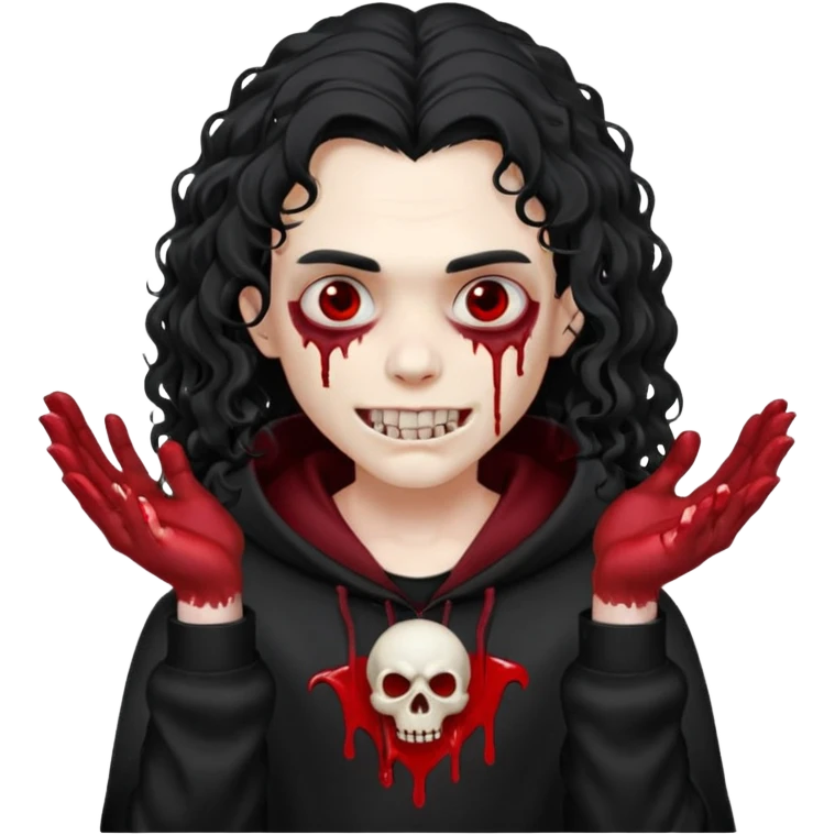 Vampire wearing a black hoodie with a skull logo on it, long curly hair that covers the forehead, fanged teeth and blood on hands emoji