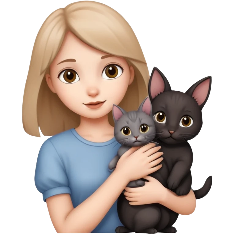 girl holding three animals: brown rabbit, gray cat, black kitten emoji