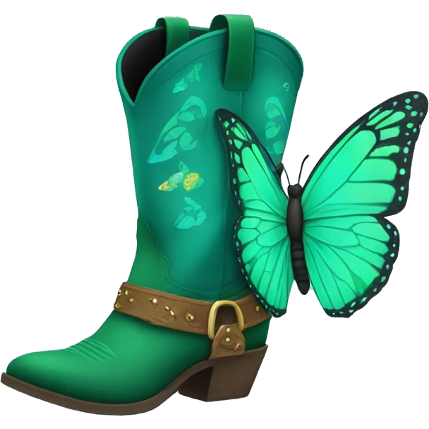Green butterfly flying around a teal cowboy boots emoji