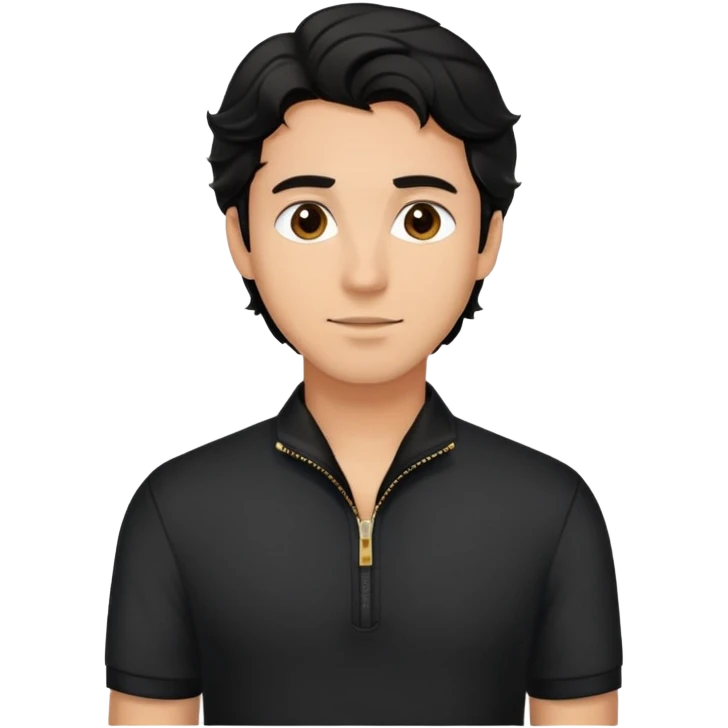 Man with wavy black hair in comfortable black zippered collar shirt, regular fit not tight emoji