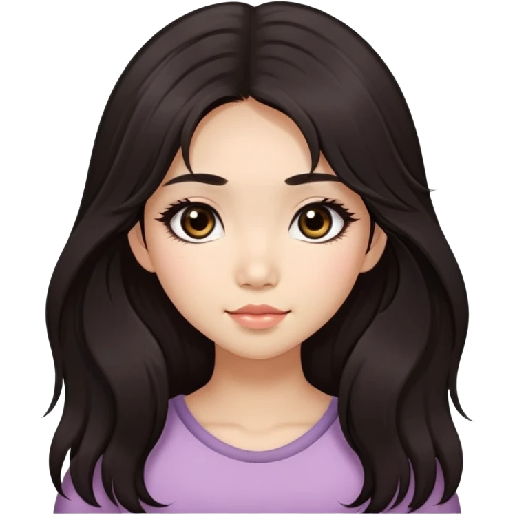 Asian girl with very long shaggy deep dark brown hair, big dark eyes. long lower lashes, cheekbones with blush. big dimples. emoji