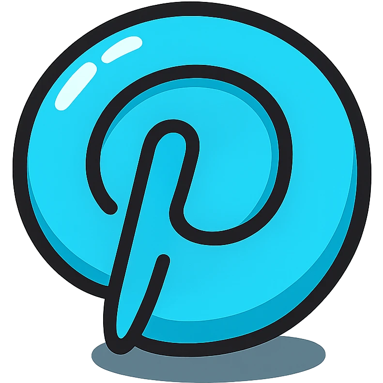 chubby blue Pinterest 'P' logo, thick black contours, strong shadows, shiny highlights, no background, soft juicy outlined style emoji