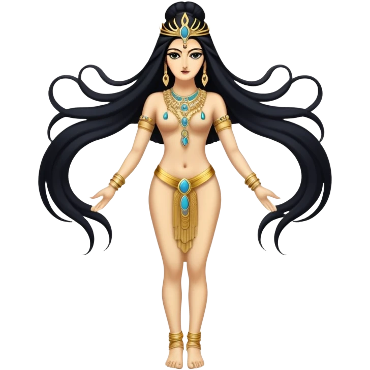 fullbody back view of Anunnaki goddess Inanna with flowing long black hair, completely bare back, and decorative gold jewelry on wrists and feet emoji