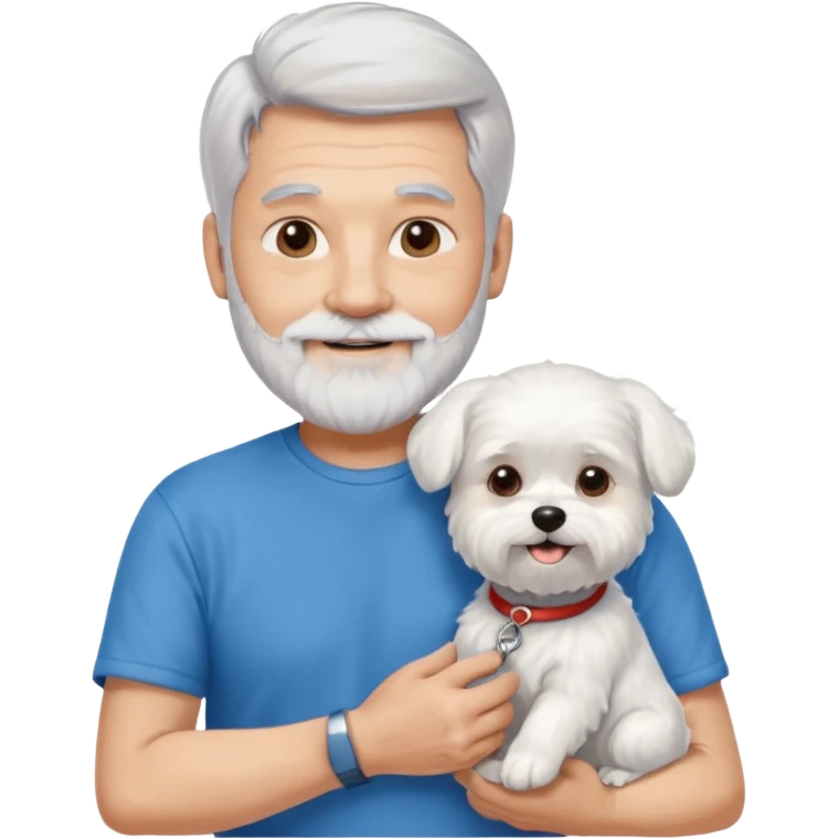 handsome gentleman, 60 years old, silver hair short, full beard, wearing a blue t-shirt, smiling and holding a maltese dog emoji