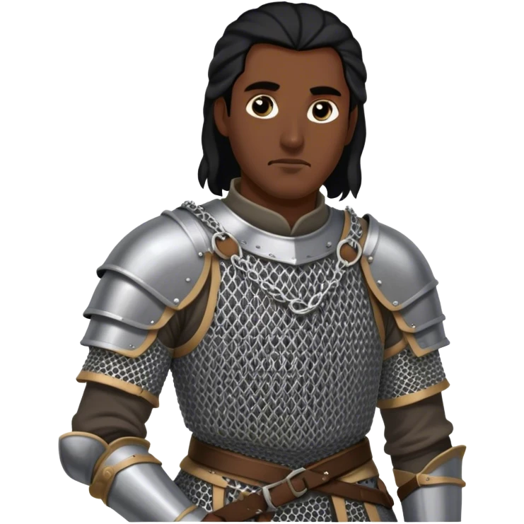 medieval battle armor worn by a DnD themed fantasy character. basic iron-plated brigandine over a chainmail hauberk. armor only above the waist. The armor full waist. The character's haven't arms. character is black hair gray eyes long tied-back hair dark-skinned man. emoji
