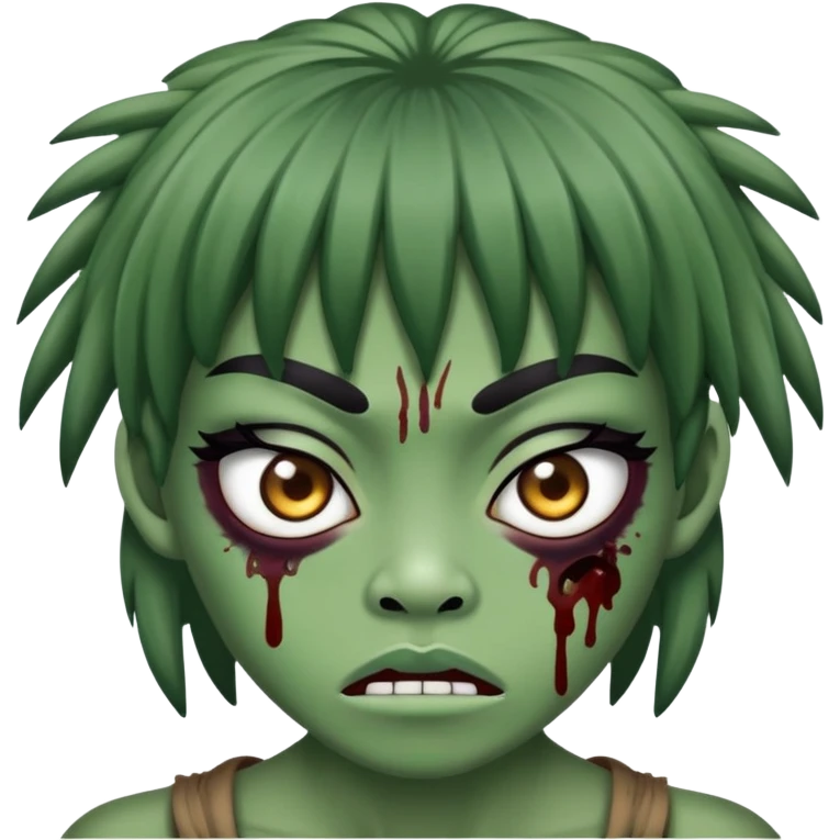 zumbi verde do cabelo liso preto e grande com franja e olhos puxados de japonês e linda emoji