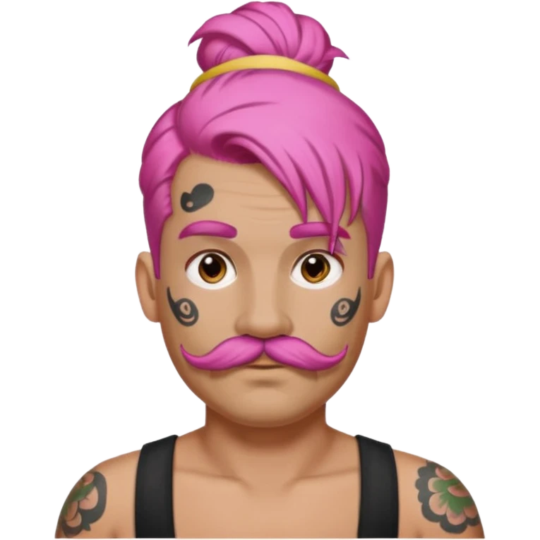 single big bun pink hair man and mustache and face tattoos very heavy and headband emoji
