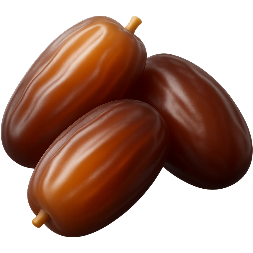 Show exactly two or three whole dates, glossy brown skin, slightly wrinkled, plump and soft, natural shape and color variation from deep amber to mahogany. Clustered together, no plate or extra elements, no faces. Clean 3D, soft shadows, transparent background, emoji scale. emoji